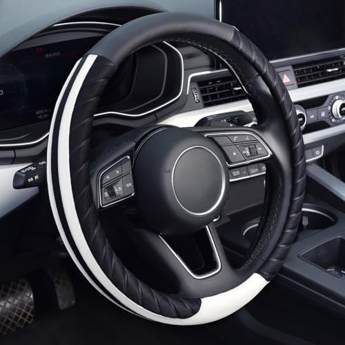 KAFEEK Leather Steering Wheel Cover, Universal 15 inch, Anti-Slip Design, Fashion Style, Safe, Auto Steering Wheel Accessories for Men Women, Black White