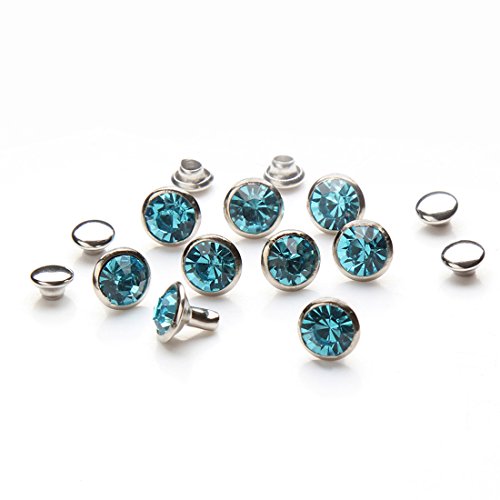 100 Sets Cz Colorful Crystal Rivets Silver Color Spots Studs Double Cap for DIY Leather-Craft (Aquamarine, 8MM)