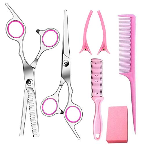 Professional Hair Scissors Kit, Professional Haircut Shears with Thinning Scissors Pink Hairdressing Kit for Barber, Salon, Home