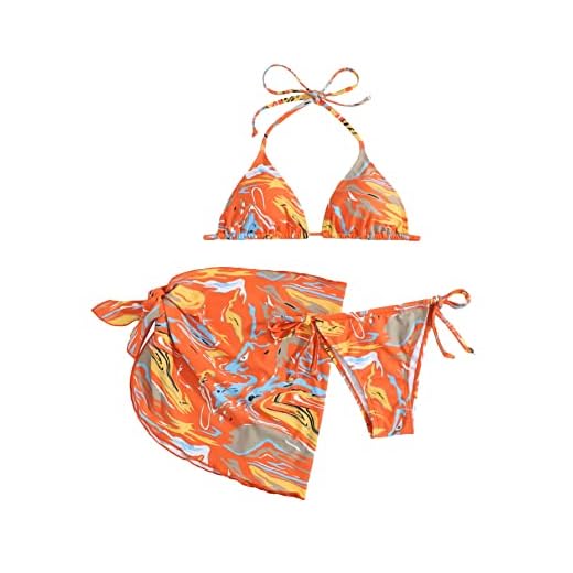 Verdusa Conjunto de biquíni feminino triangular, 3 peças, com saída de praia, Laranja e cinza, Medium
