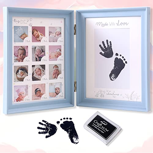 Image of weallbuy Baby Picture Frame First Year, Baby Handprint and Footprint Kit with Ink Pad, 12 Month Milestones Baby Gift, Anniversary Growth Record Keepsake for Mom/Newborn (Blue Foldable)