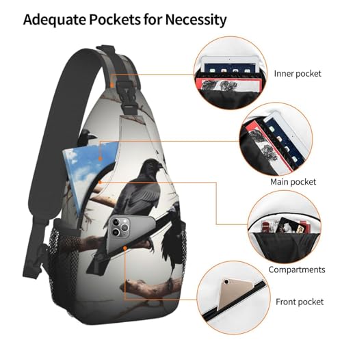 Bolso bandolera negro con estampado de pájaros para senderismo y running miniatura 4