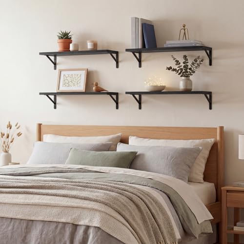 Image of YGEOMER Floating Shelves for Wall, 23in Black Wall Shelves for Living Room, Bathroom, Bedroom, Kitchen, Home Decor (Set of 4)