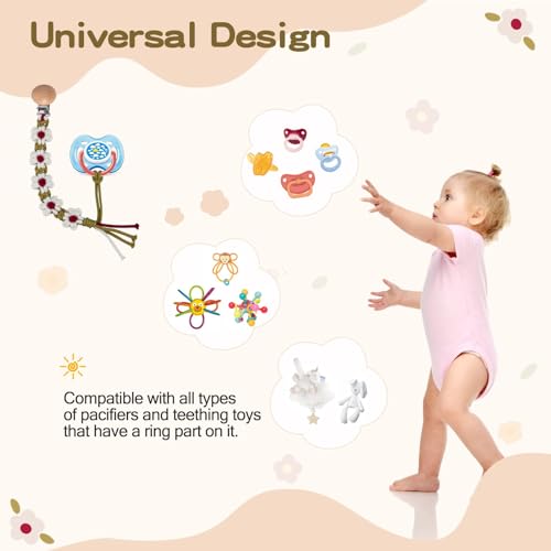 Image of Pacifier Clip for Boys Girls Floral Daisy Macrame Paci Clip Pacifier Holder Leash Boho Wooden Clips Handmade Braided Cotton Unisex Baby Shower Birthday Gift Christmas Gift (Christma)