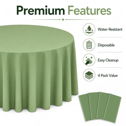 Image of WNINK 4 Pack Sage Green Round Tablecloth, 84 Inch Disposable Plastic Table Covers, Sage Green Round Table Cover for Wedding, Baby Shower, Bridal Shower, Birthday and Garden Party Supplies