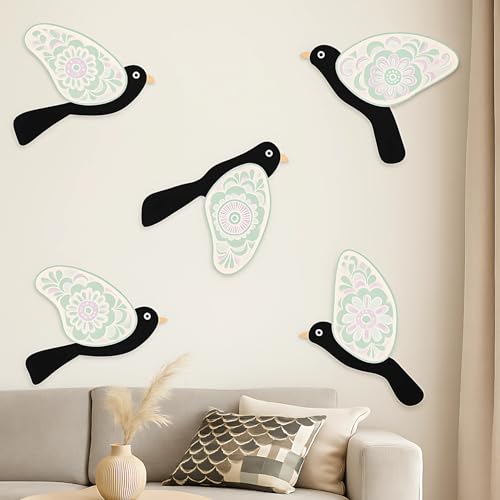 Image of GiftOday Wooden 3D 5 Pieces Birds for Wall Art Panel | Wood Bird Folk Art Wall Hanging Art Decoration Item for Living Room, Bedroom, Drawing Room, Dining Room & Office (Black & White) Pack of 1