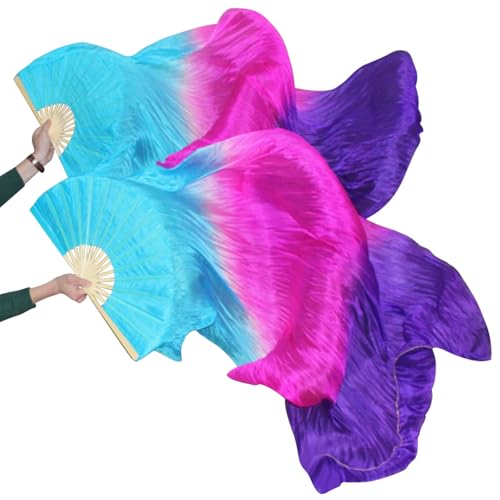 KIKIGOAL 1 Pair Women Faux Silk Belly Dance Fan Veil,Handmade Silk Dancing Fan,Bamboo Long Fans Veils For Dance Performances