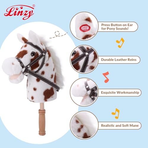 Image of Linzy Toys 35.5 inch Plush Stick Horse - Funny Hobby Horse with Pony Sound, Soft Realistic Mane & Durable Leather Reins, Pretend Play Riding Toy for Boys & Girls Ages 3+ (Spotted)