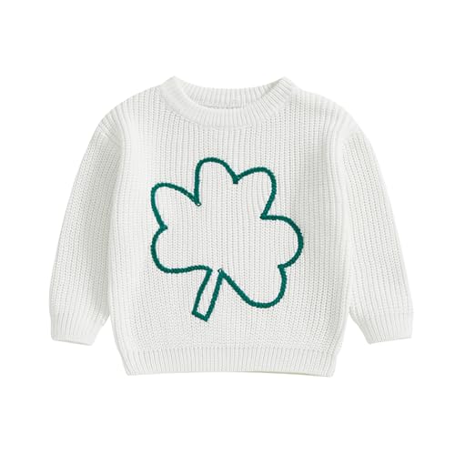 Kids Baby Girl Sweater Long Sleeve Crew Neck Clover Warm Winter Sweater Irish Clothes for Infant Girls Boys (White, 9-12 Months)
