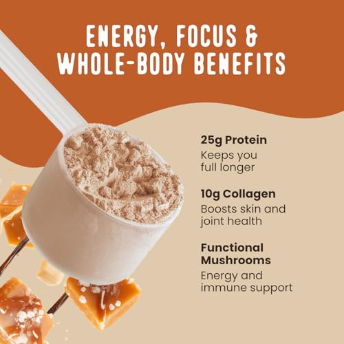 Image of FlavCity All in One Protein Shake Powder, Salted Caramel + Collagen Peptides, Reishi & Cordyceps - Focus, Skin, Hair & Joint Support - 100% Grass Fed Whey, Organic Molasses Extract, 20 Servings