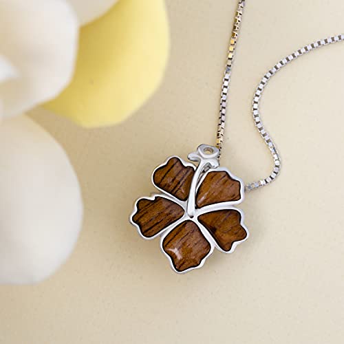 925 Sterling Silver Natural Koa Wood Inlay Hibiscus Flower Necklace Pendant, Hawaiian Tropical Design Jewelry, Hypoallergenic for Sensitive Skin, with 18" Box Chain2