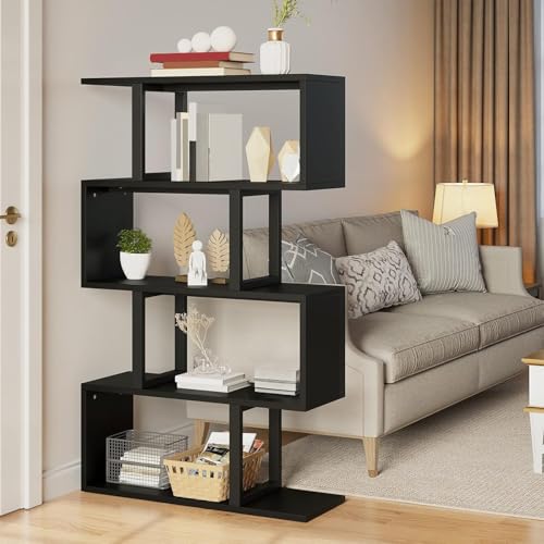 YITAHOME Geometric Bookshelf, 5-Tier Bookshelf S-Shaped Bookshelves, Modern Geometric Bookcase Freestanding Multifunctional Storage Shelving for Living Room Home Office, Black - Image 5