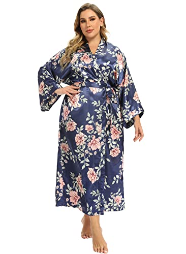 Image of feslieacc Women's Floral Long Satin Robes Plus Size Long Silk Robes Peacock Floral Kimonos Sleepwear Dressing Gown