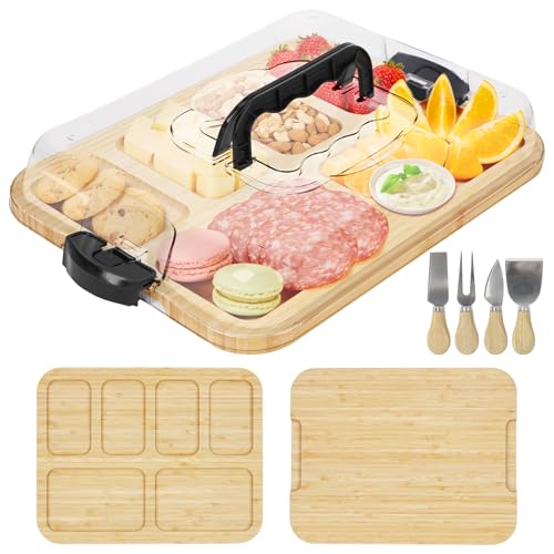 Reversible Charcuterie Board with Lid 2 in 1 Portable Cheese Board and Knife Set with Carry Handle for Travel Grazing Board for Picnic Accessories