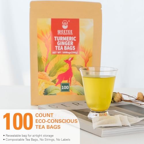 WT WEETEE Turmeric Ginger Tea Bags, 100% Pure Turmeric and Ginger Root Herbal Blend Savory & Spicy, Natural Caffeine-free Spice Tea — view 4