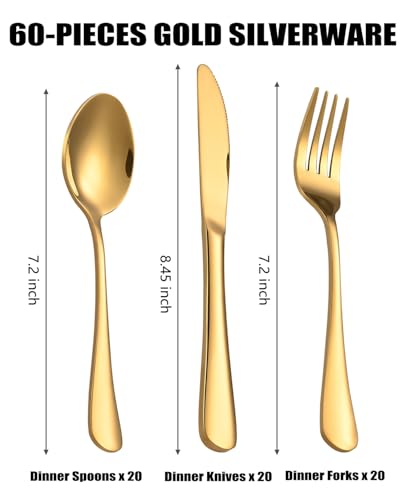 ERVILO 60 Piece Gold Silverware Set Service for 20 Stainless Steel Flatware Cutlery - image 3