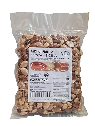 Mezcla de frutas secas sicilianas, almendras tostadas, almendras tostadas peladas, avellanas tostadas y nueces, fuente de vitaminas y fibra, sin gluten (500 g)