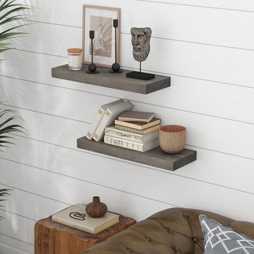 Image of Marsmiles Wood Floating Shelves for Wall - 24 Inch Grey Wood Floating Shelves Set of 2-24 Inch Wide x 7.7 Inch Deep x 1.6 Inch Thick Rustic Wooden Shelves for Room Wall