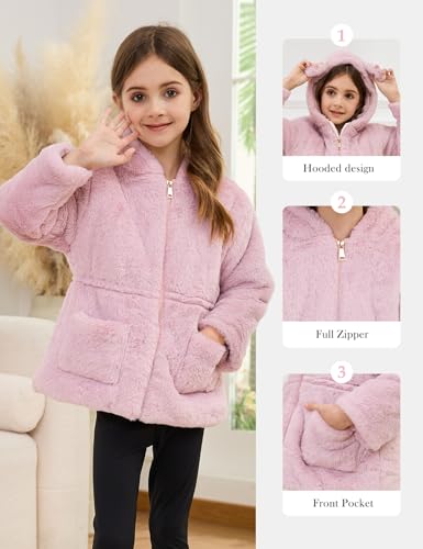 Yimoon Girls Winter Fleece Coats Kids Ear Hooded Faux Fur Jacket Toddler Thicken Warm Fuzzy Jacket Outwear(Pink-5Y)4