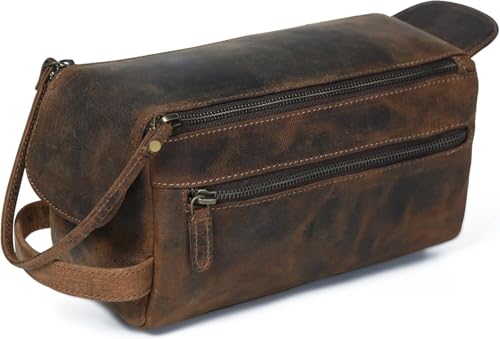 Hindoro Neceser de viaje de piel de búfalo de alta calidad, kit de viaje unisex resistente al agua, organizador de afeitado y cosméticos para hombres y mujeres, artículos esenciales de baño compactos