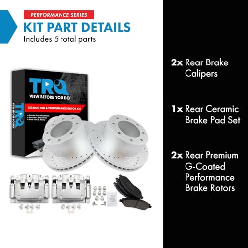 Image of TRQ Rear Performance Brake Pad, Caliper, & Rotor Kit Ceramic Vented Premium G-Coated Compatible with 2006-2007 Ford F-250 Super Duty F-350 Super Duty
