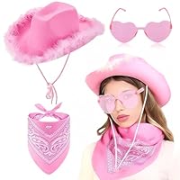 GlibberToy Pink Cowgirl Costume Set for Women Girls Feather Trim Cowboy Hat Heart Sunglasses & Paisley Bandana Halloween Western Party Accessories for Carnival Birthday Bachelorette Party