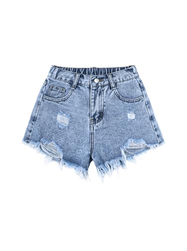 Ecolala Girls Ripped Jean Shorts Summer Raw Hem Distressed High Waisted Mini Denim Shorts Light Blue 11-12 Years