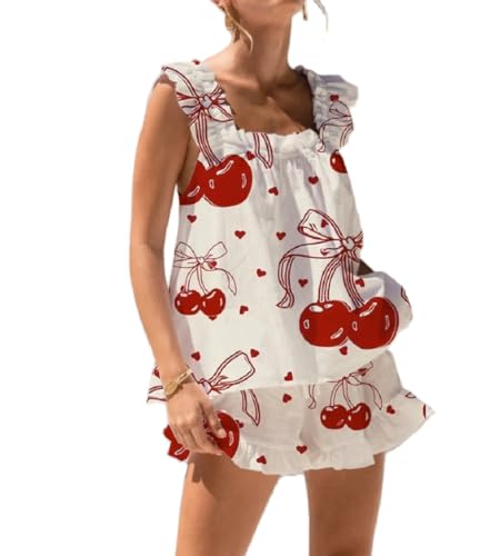 Image of ROAONOCOMO Women Floral Pajama Set Ruffle Babydoll Cami Top Coquette Pj Set Gingham 2 Piece Shorts Outfit Bridal Loungewear