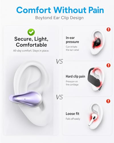 Image of Boytond Ultra Open Ear Earbuds - Comfortable Clip-On Bone Conduction Earbuds, Over-The-Ear Open Headphones with Waterproof Build for Running, Gym Workouts, and Outdoor Sports, Aurora Purple