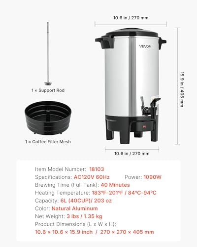 Image of VEVOR Commercial Coffee Urn, 40 Cup 6 L Hot Beverage Dispenser with Dripless Faucet, Quick-Brewing Commercial Coffee Maker, Automatic Temperature Control, for Catering, Party, Church & Restaurant