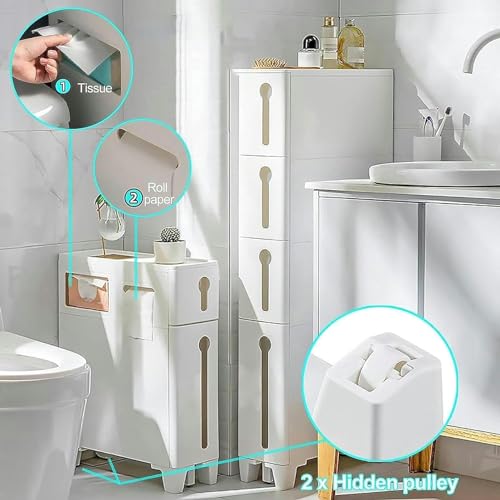 Cassettiera sottile con 4 cassetti e 2 rotelle, armadio da bagno stretto per piccoli spazi
