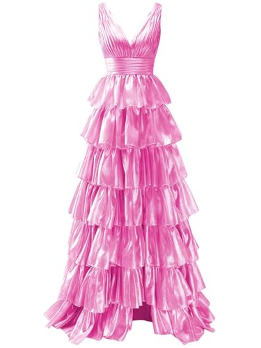 Tiered Ruffle Prom Dresses for Women Long Slit Tulle Formal Evening Dress with Bow