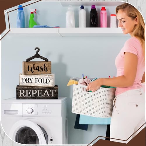 Image of Moucuny 4 Pcs Farmhouse Laundry Room Decor Stacked Blocks, Wash Dry Fold Repeat Wooden Sign Set with Vintage Hanger - Rustic Home Shelf Decor for Laundry Area Housewarming Gift