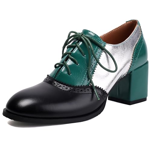 Mixed Colors Vintage Oxfords Lace Up Classic Sewing Brogue for Women Block LowHeel Round Toe Mary Jane
