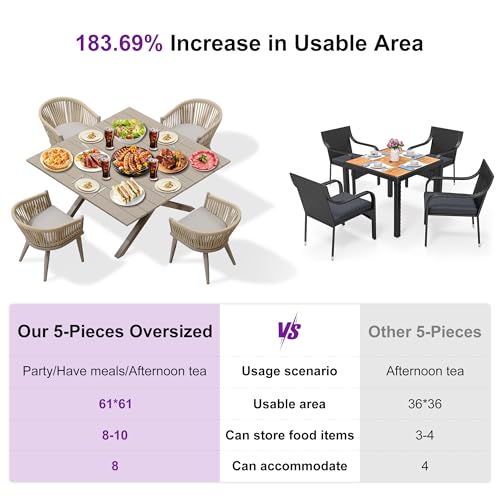 Image of PURPLE LEAF 5 Pieces Oversized Square Outdoor Dining Set with Patio Aluminium Dining Table and Wicker Chairs Modern Furniture Cushions Sets for Backyard Indoor Decor Kitchen Champagne