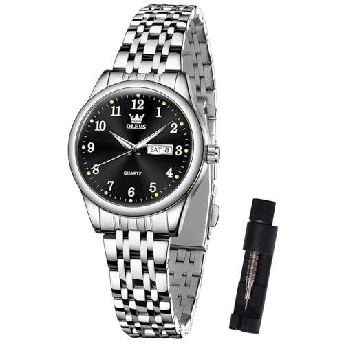 OLEVS Damenuhr Silber Klein Zifferblatt Elegante Quarz Analog Schwarz Armbanduhr Damen mit Metallarmband Arabische Ziffern Uhr Damen Edelstahl Wasserdicht Uhren Frauen mit Datum Leuchtende