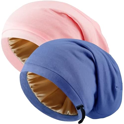 2 Pcs Adjustable Silk Hair Bonnet for Sleeping, Satin Lined Sleep Cap for Women and Men, Silk Hair Wrap Slouch Beanie.