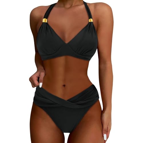 Trajes de baño de Dos Piezas para Mujer, Conjunto de Bikini Push up, Traje de baño (Gold, L)