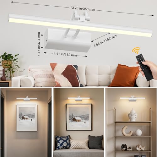 Image of Battery Operated Picture Light for Wall, Remote Control, White | 4000mAh Cordless,Wall Light, Magnetic for Easy to Charge,Timers, Display for Gallery Living Room Bedroom