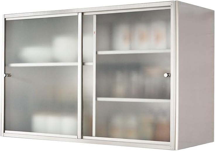 Modern Stainless Steel Pantry Cabinet with 2 Sliding Doors, Adjustable Shelves, Over Toilet Storage, Floating Utility Cabinet for Garage & Office, Stylish Wall Organizer