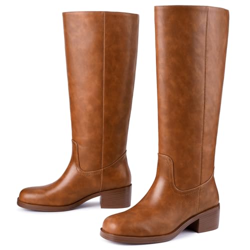 Image of Gothictor Women's Banana Knee High Boots Square Toe Chunky Block Heel Comfortable Low Heel Pull on Wide Calf Riding Long Boots for Women