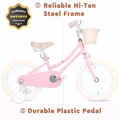 Petimini 16 Inch Little Kids Bike for Age 4 5 6 7 Years Old Girls Retro Vintage Style Bicycles with Basket Training Wheels and Bell, Pink - Thumbnail 5