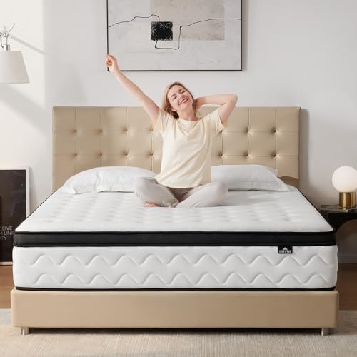 SNFPNE King Size Mattress 12 Inch -Medium Firm Hybrid with Memory Foam and Zoned Pocket Springs, Pressure Relief & Motion Isolation, Edge Support King Mattress Bed in a Box, CertiPUR-US Certified