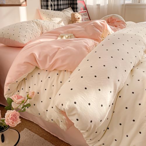 Image of Nayoroom Pink Polka Dot Duvet Cover Set Full Black White Dots Bedding