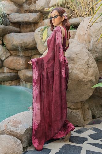 Image of MIRCHI FASHION Women Saree Floral Print Chiffon | Lightweight Festive Occasion Sari for Farewell and Functions with Unstitched Blouse Piece