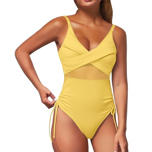 Bañador de Canalé para Mujer Bañador de Una Pieza Trendy Swimsuit For Women Deep V Neck Sexy Mesh Patchwork Monokini Comfy Breathable Bathing Suits Tanga Mujer Bañadores Reductores (Yellow L)