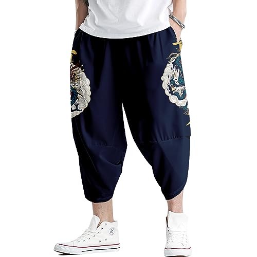 Image of DOSLAVIDA Men's Japanese Kimono Cardigan Suit Chinese Style Printed Jacket Pants Set Open Front Seven Sleeve Top & Shorts
