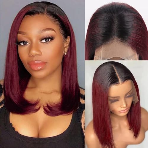 1B 99j Bob Wig Human Hair,1B Burgundy 13x4 Lace Front