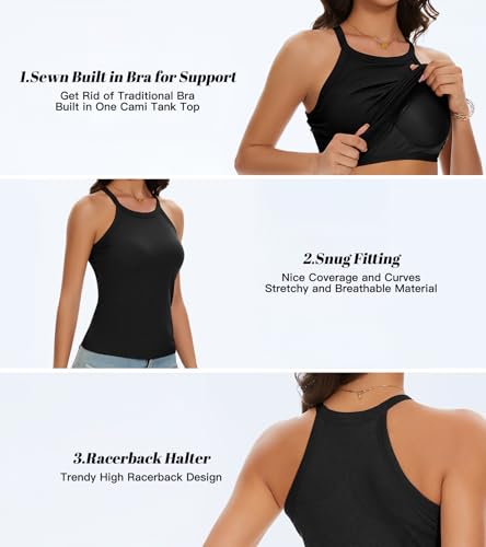 Image of Womens Racerback Ribbed Tank Top Camisole with Built in Bra Sport Yoga Top