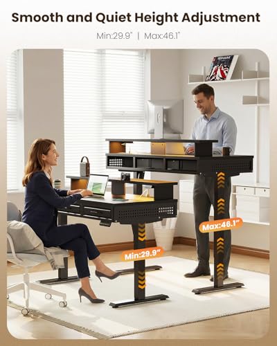 Image of OffiGo Electric Standing Desk with 3 Wooden Drawers, 48 Inch Height Adjustable Desk with Power Outlets & LED Lights, Black Sit Stand Table with Monitor Stand for Home, Office, Workstation